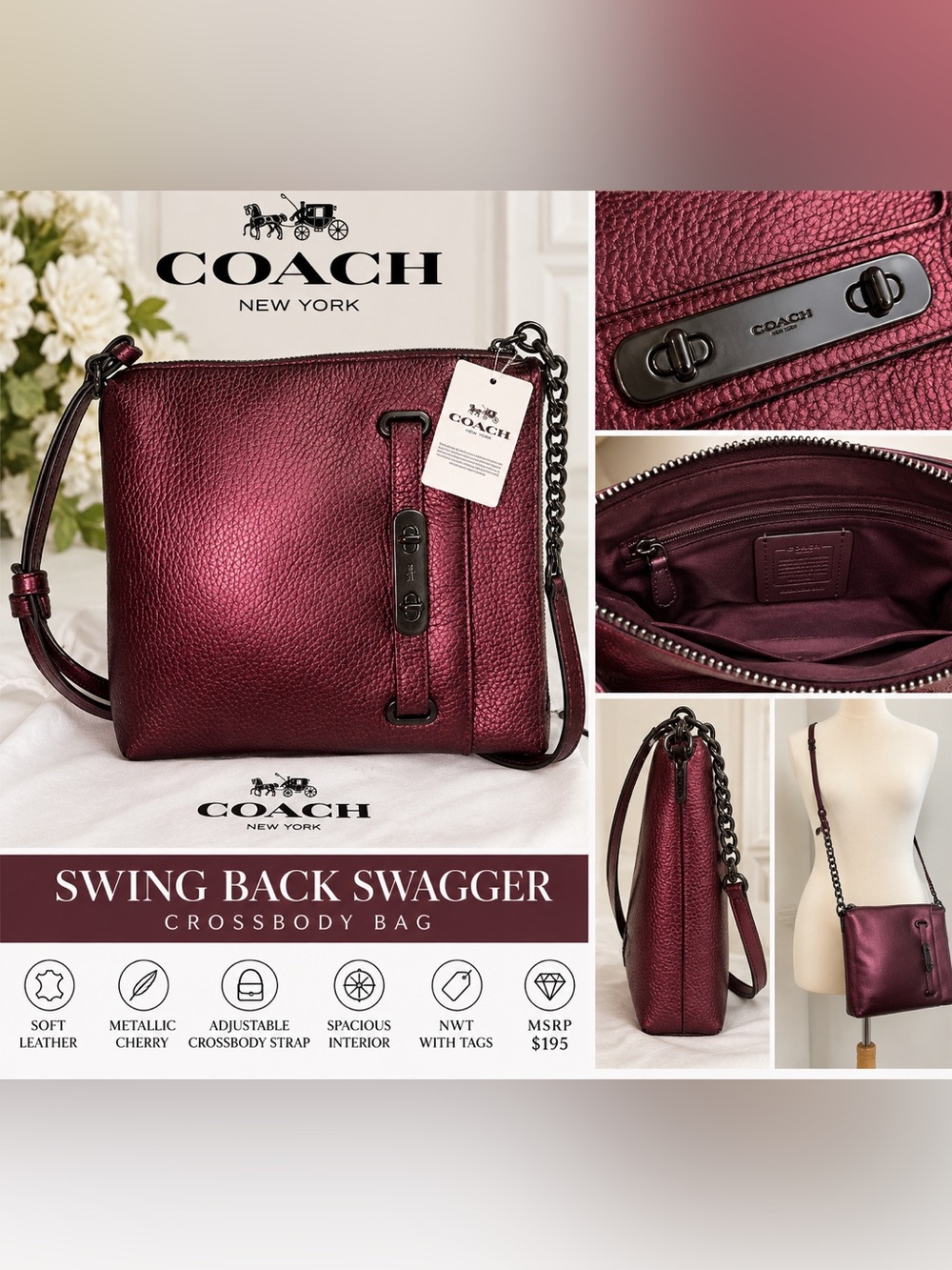 NWT Metallic Cherry Coach Swagger Swingback Crossbody Bag
